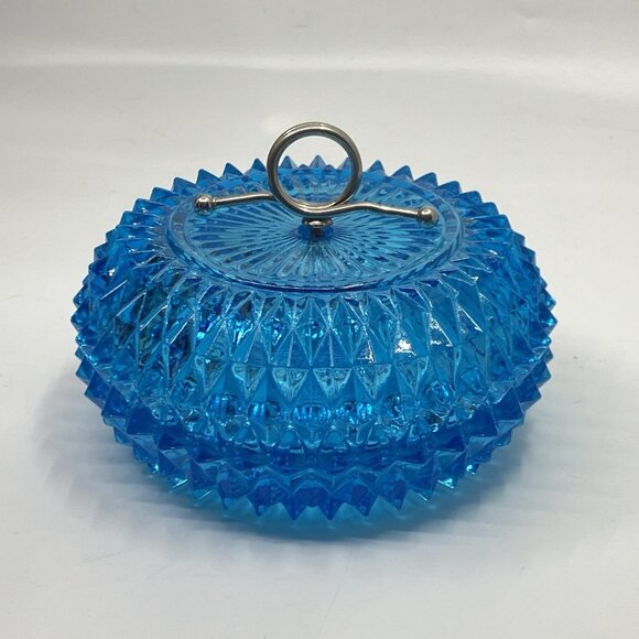 Indiana Glass Diamond Point Aqua Glass Powder Candy Dish With Lid Metal Handle - Picture 3 of 14